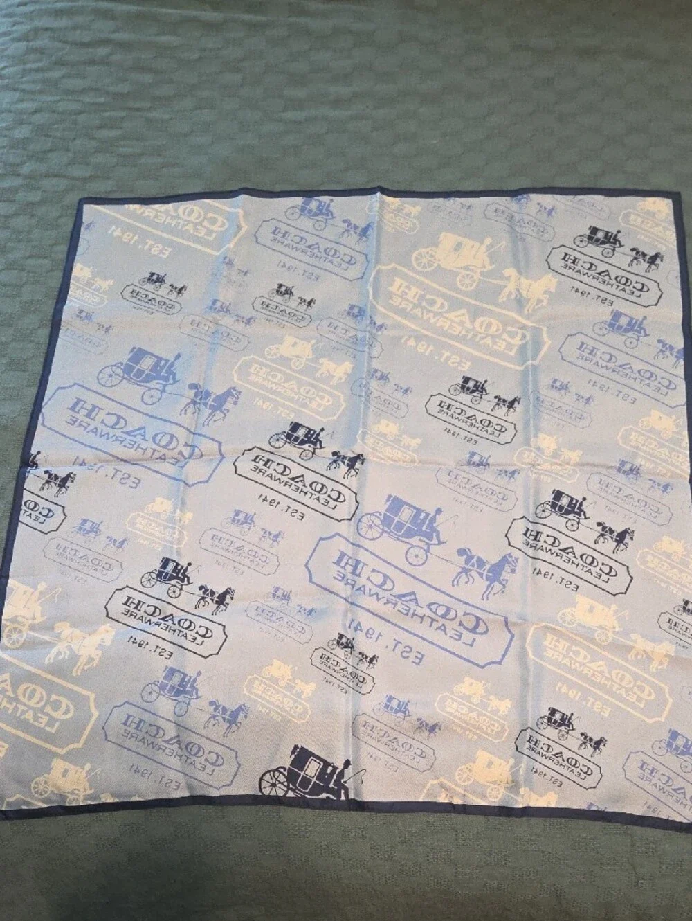 COACH Light Blue and Navy Logo Carriage Silk Scarf NWT